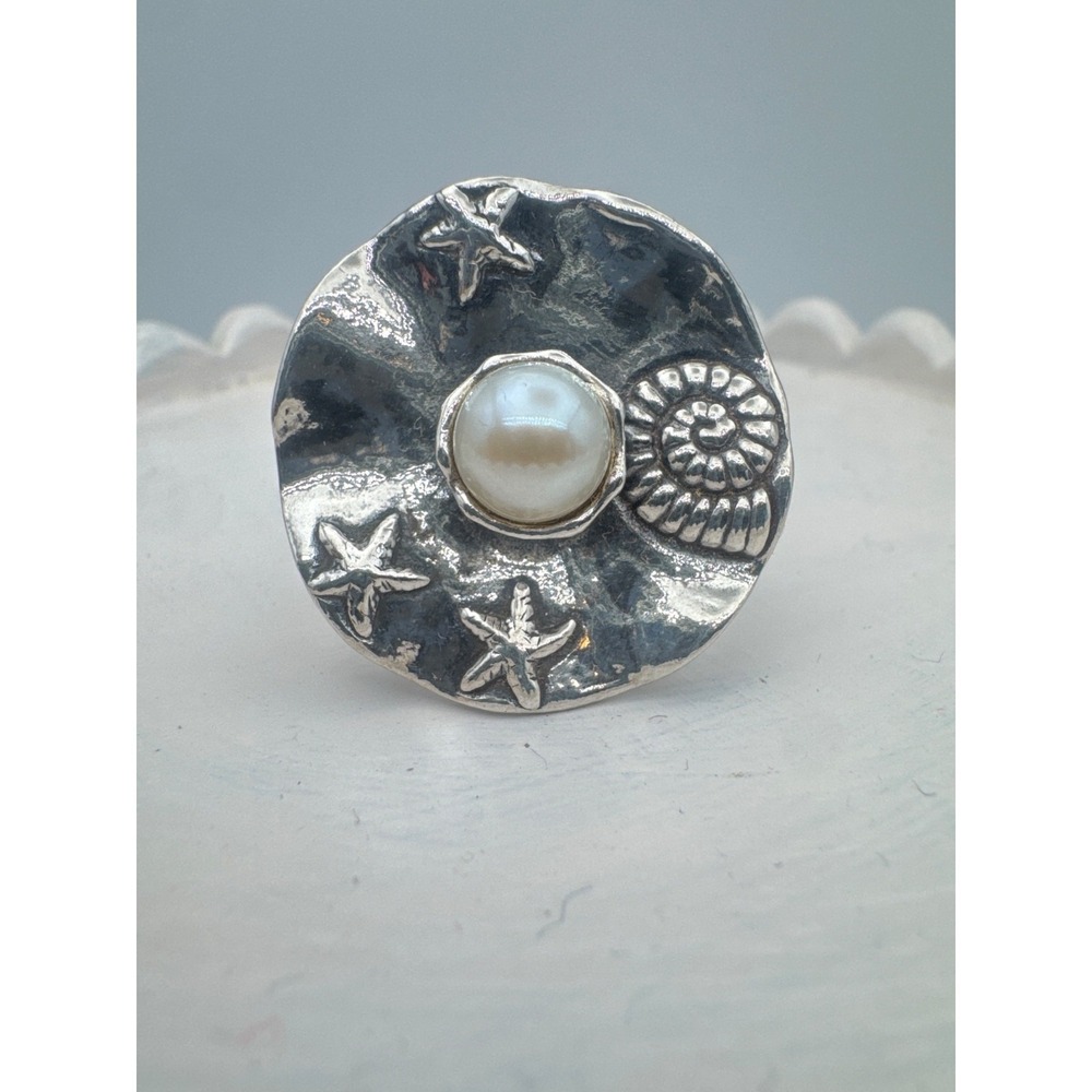 Didae Sterling Silver Pearl Ruffle Ring Size 8 Israel 925 Ocean Stars Shell 10 g